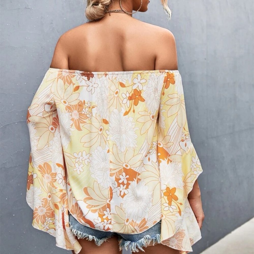 Off the shoulder ruffle flowy boho floral print top blouse orange pink - Picture 5 of 6
